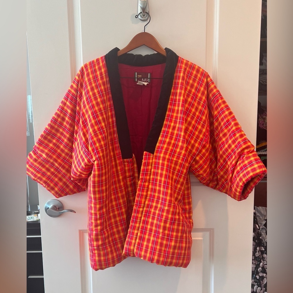 Plaid Kimono Jacket with Black Trim - Picture 2 of 16